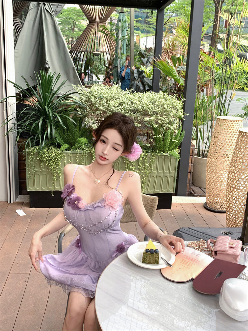 Purple suspender dress 2025 new style waist slim cake short skirt R0667