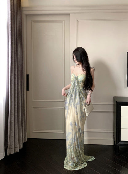 Green floral suspender dress, elegant waist slim beach dress R0670