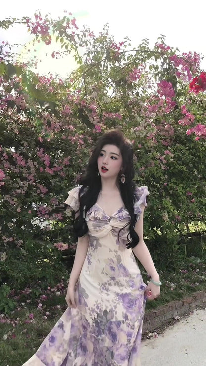 Purple V-neck floral one-shoulder dress gentle temperament waist A-line long skirt R0776
