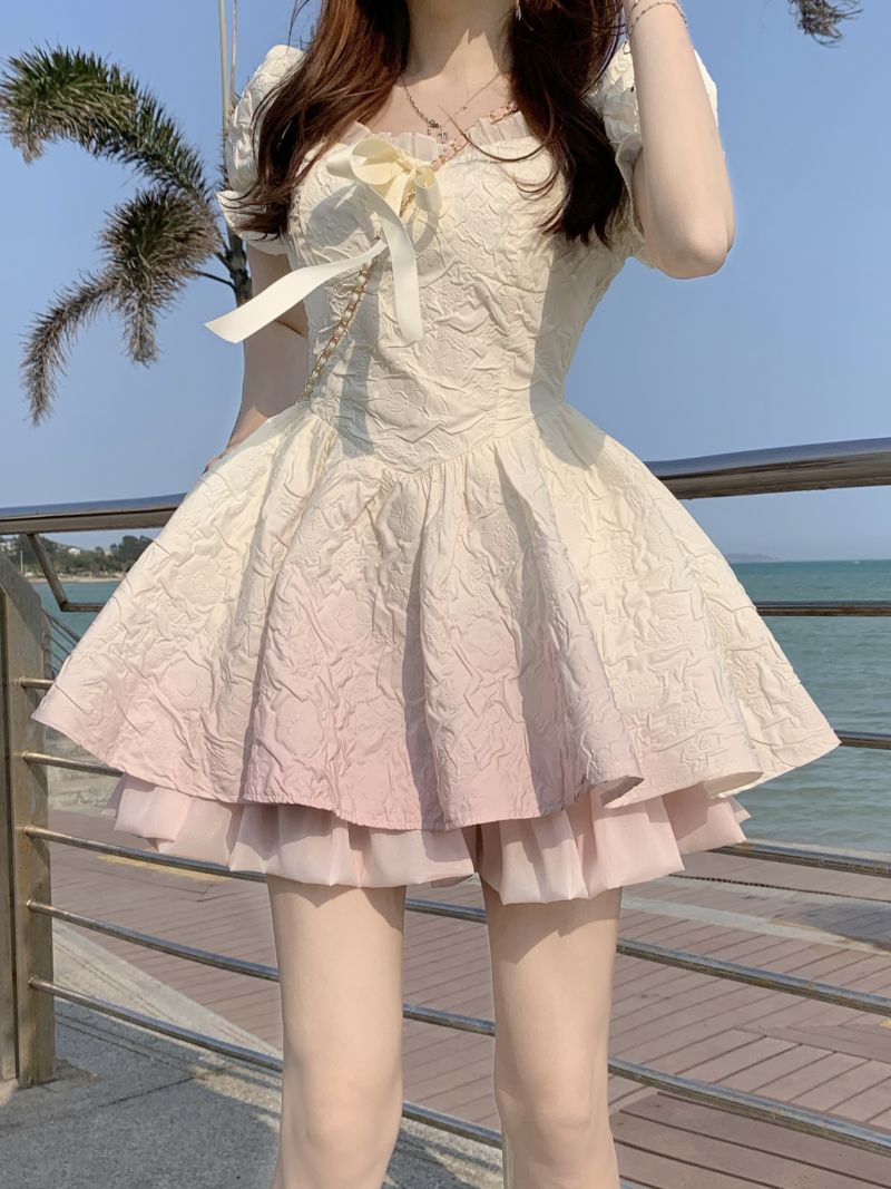 Gradient French Square Neck Puff Sleeve Dress Princess Tutu Skirt Petite Birthday Dress R0010