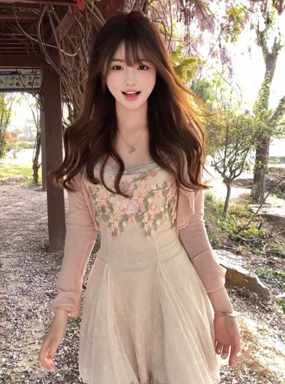 Flower suspender dress gentle and sweet style temperament waist A-line short skirt R0812