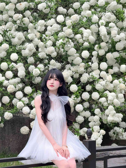 Gentle and sweet style white mesh sleeveless dress beautiful loose A-line short skirt R0801