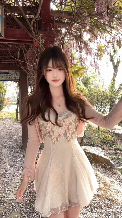 Flower suspender dress gentle and sweet style temperament waist A-line short skirt R0812