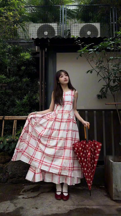 Pink plaid sleeveless dress beautiful age-reducing loose A-line vest dress R0585