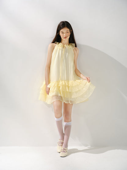 Bright yellow lace-up sleeveless dress, loose multi-layered ruffled cake skirt R5170