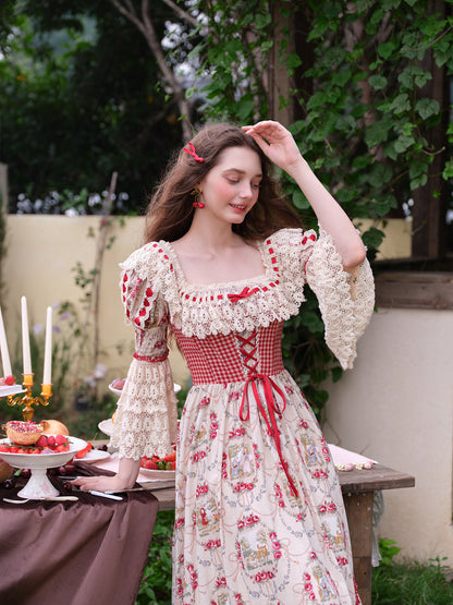 French Pastoral Retro Lace Print Herringbone Long Sleeve Dress Homecoming Dress R5165