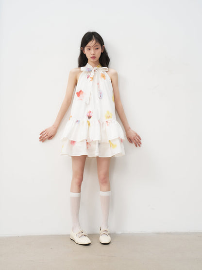 Sleeveless Floral Bow Tie Halter Dress with Ruffled Hem Tutu Skirt R5169