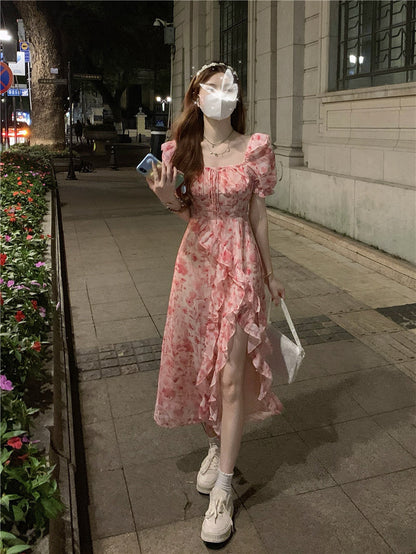 Tea break French seaside vacation chiffon floral dress 2025 new waist slit irregular long skirt R0104