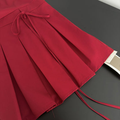 French retro little red dress with hollow back and tie-up pleated sleeveless vest dress R0037