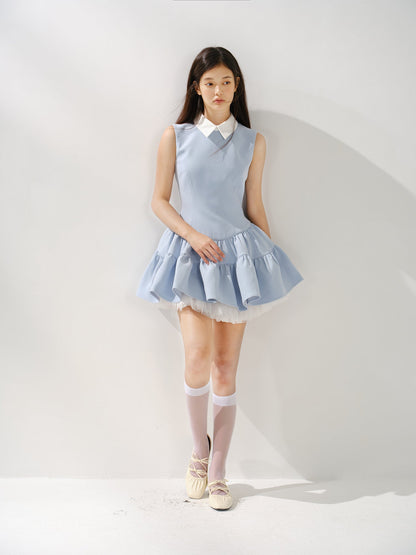 Blue shirt collar vest dress with multi-layered puffy patchwork waist sleeveless dress R5174