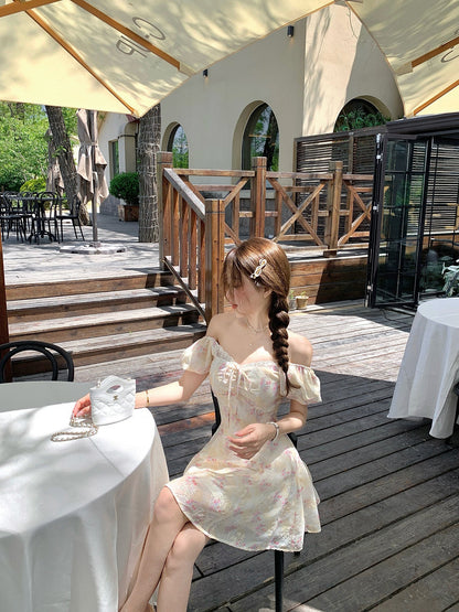French yellow floral short-sleeved dress, beautiful summer skirt R3867