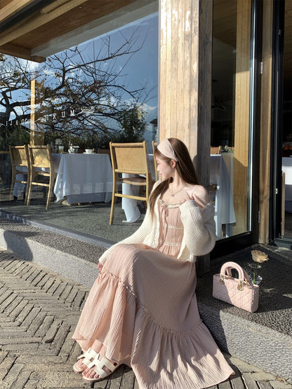 Gentle fairy nude pink lace sling long skirt dress R3872