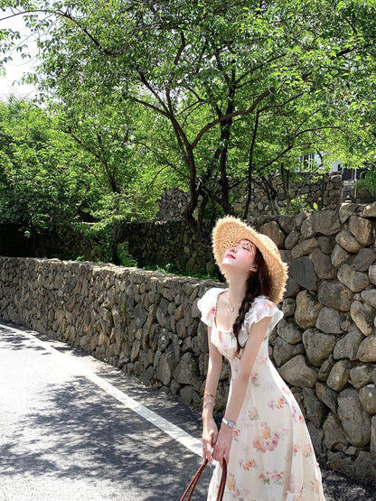 French romantic floral dress women's summer unique beautiful long dress R3870