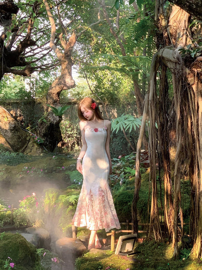 Summer fishtail design floral long skirt with suspenders for holiday R3868
