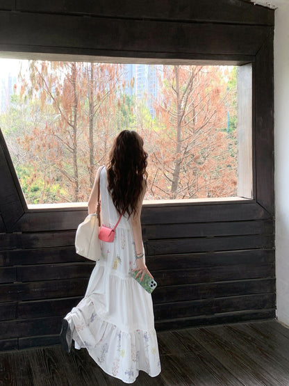 Sleeveless vest floral dress 2025 new gentle temperament loose A-line long skirt R0623