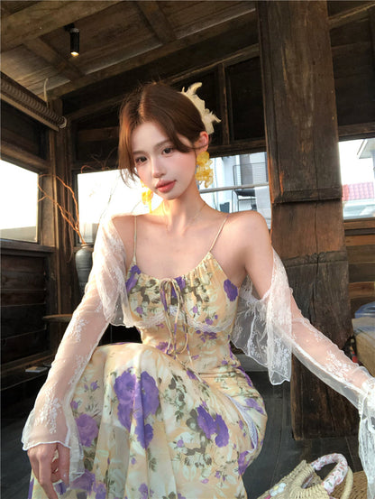 Beautiful floral fishtail suspender long dress slim hip dress R0628