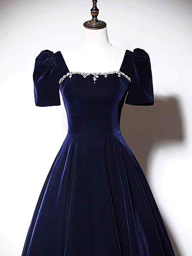 A-Line Dark Blue Velvet Long Prom Dress, Blue Formal Evening Dress MD7171