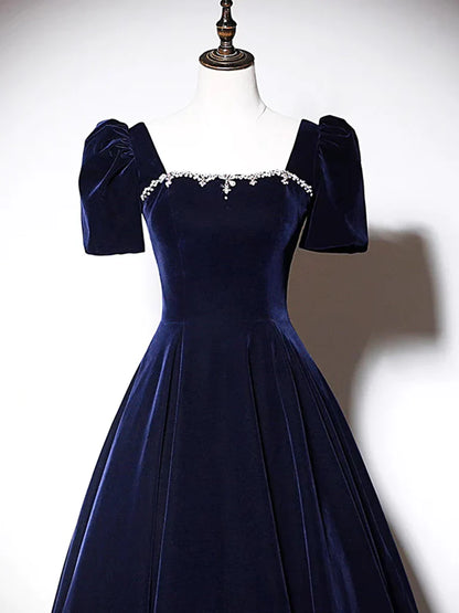 A-Line Dark Blue Velvet Long Prom Dress, Blue Formal Evening Dress MD7171