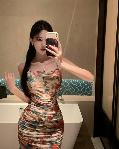 Retro floral suspender dress beautiful waist hip skirt R0657