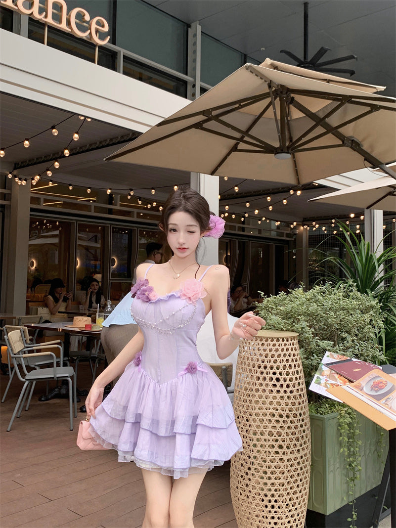 Purple suspender dress 2025 new style waist slim cake short skirt R0667
