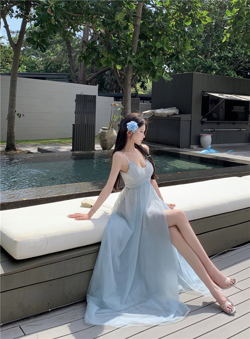 Blue V-neck suspender dress beautiful gentle temperament small skirt R0669