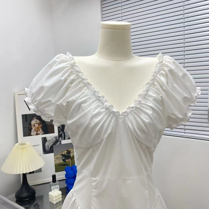 Tea break French style white pleated dress new style high-end waist slimming sweet princess dress R0153