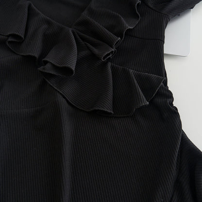 V-neck knitted dress new style ruffled trumpet sleeve slim French little black dress R0135