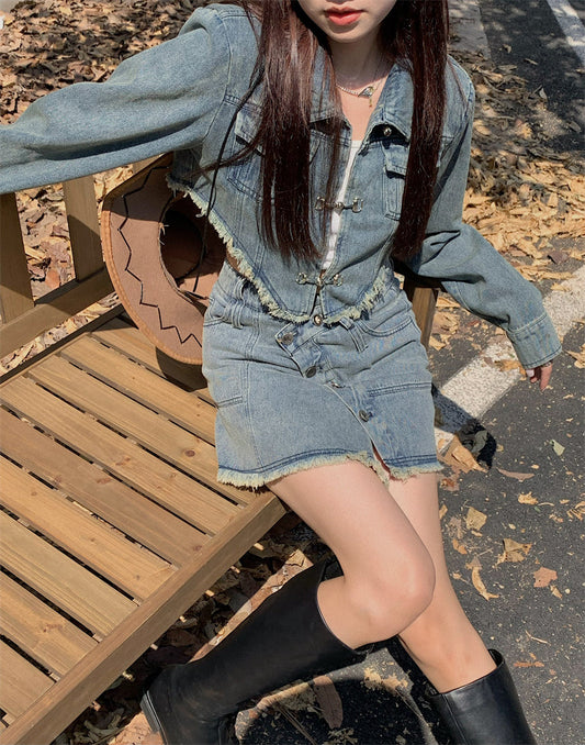 High-end design long-sleeved jacket retro hot girl short skirt American street slim denim suit R0144