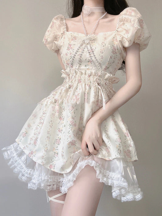 Tea break French floral dress 2025 new design niche sweet puff sleeve princess puffy skirt R0175