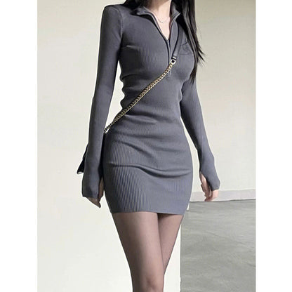 Sexy hot girl style lapel long-sleeved knitted dress 2025 new style inner base hip skirt short style R0146