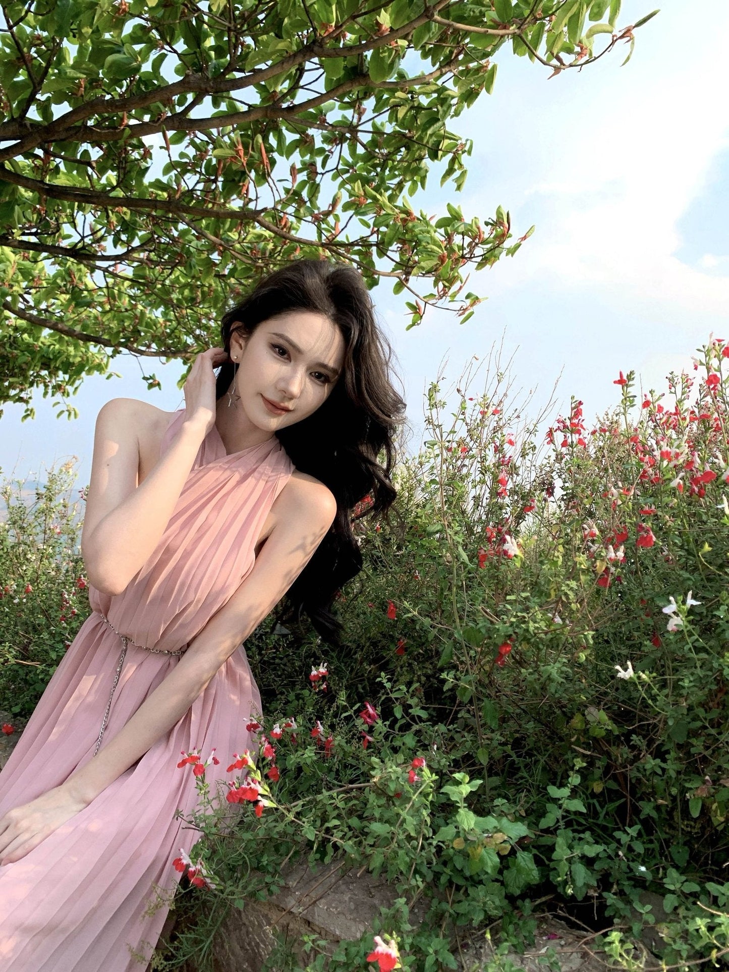 Pink sleeveless halter dress gentle style super beautiful dress R0727