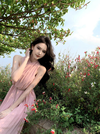 Pink sleeveless halter dress gentle style super beautiful dress R0727