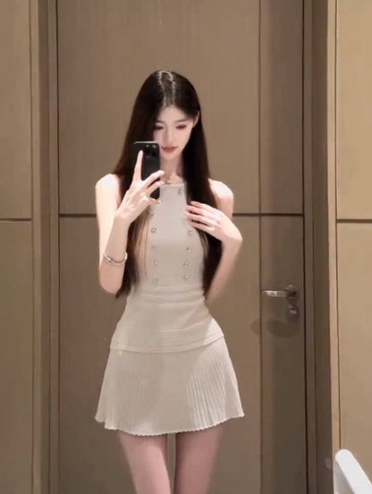 Suit outfit gentle temperament white vest pleated skirt two-piece suit R0662
