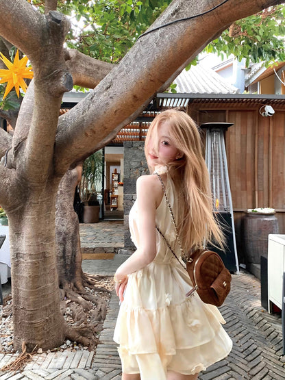Cream Yellow Halter Neck Dress Summer French Tulle Short Skirt Babydoll Skirt R3833