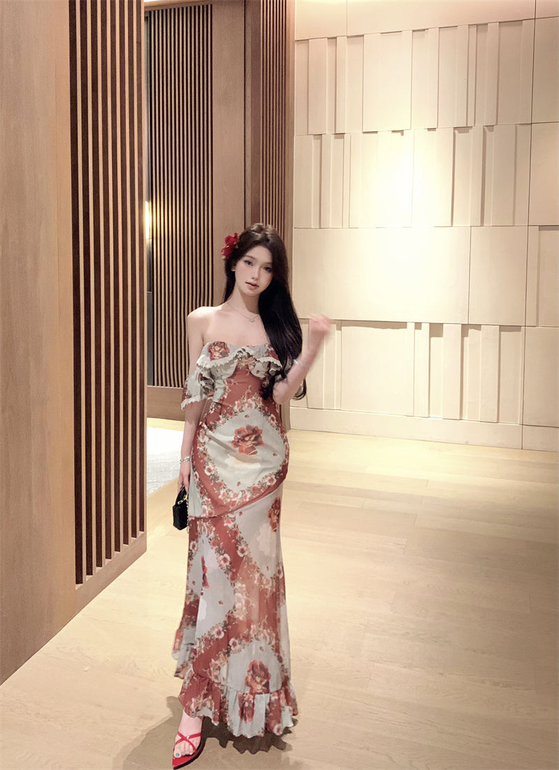 Retro tube top floral dress beautiful waist slim hip skirt R0573