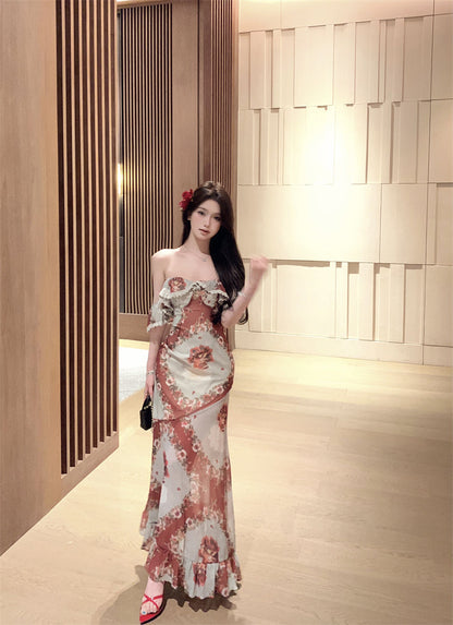 Retro tube top floral dress beautiful waist slim hip skirt R0573