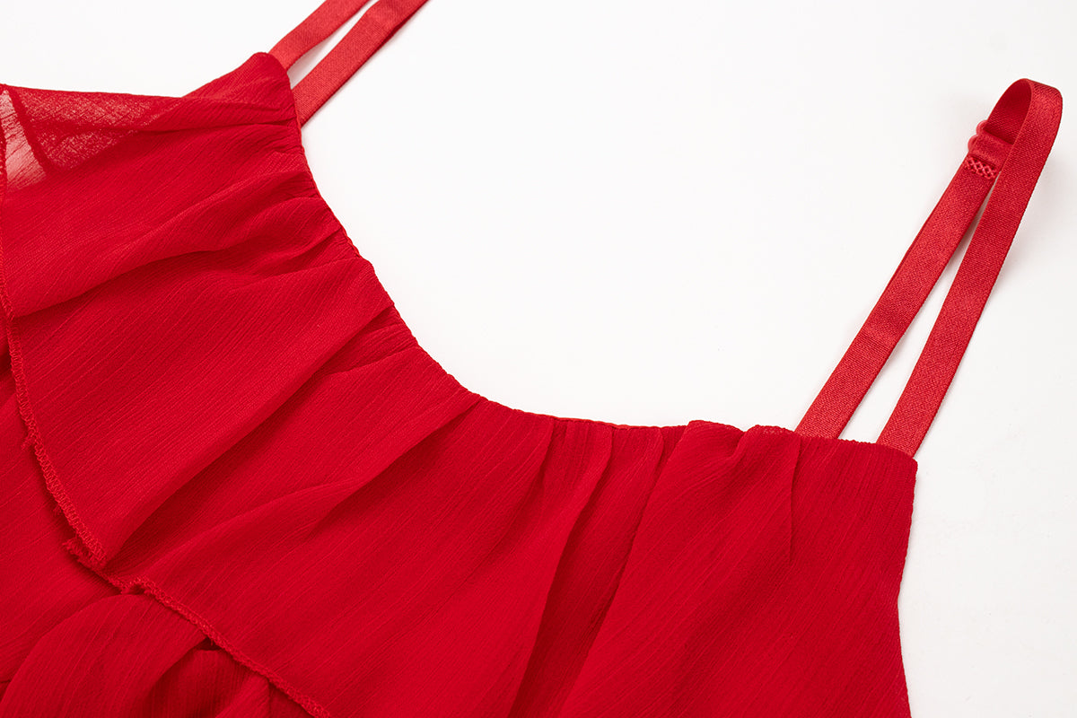 Whitening little red dress suspender dress new style ruffled high-grade waist short skirt R0085