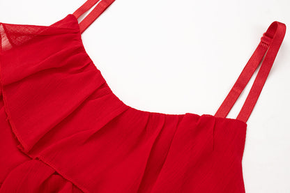 Whitening little red dress suspender dress new style ruffled high-grade waist short skirt R0085