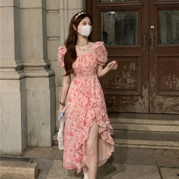 Tea break French seaside vacation chiffon floral dress 2025 new waist slit irregular long skirt R0104