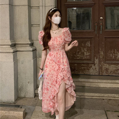 Tea break French seaside vacation chiffon floral dress 2025 new waist slit irregular long skirt R0104
