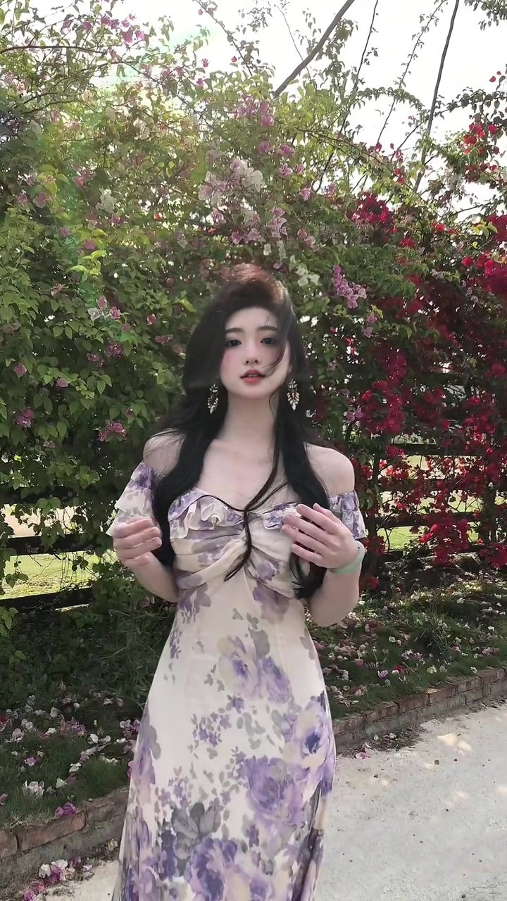 Purple V-neck floral one-shoulder dress gentle temperament waist A-line long skirt R0776