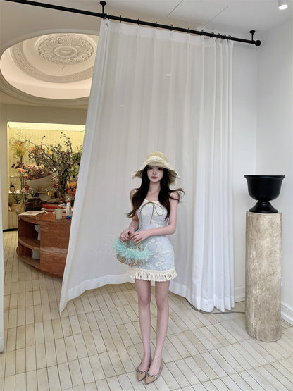 Blue jacquard suspender dress two-piece set beautiful waist slim hip skirt R0564