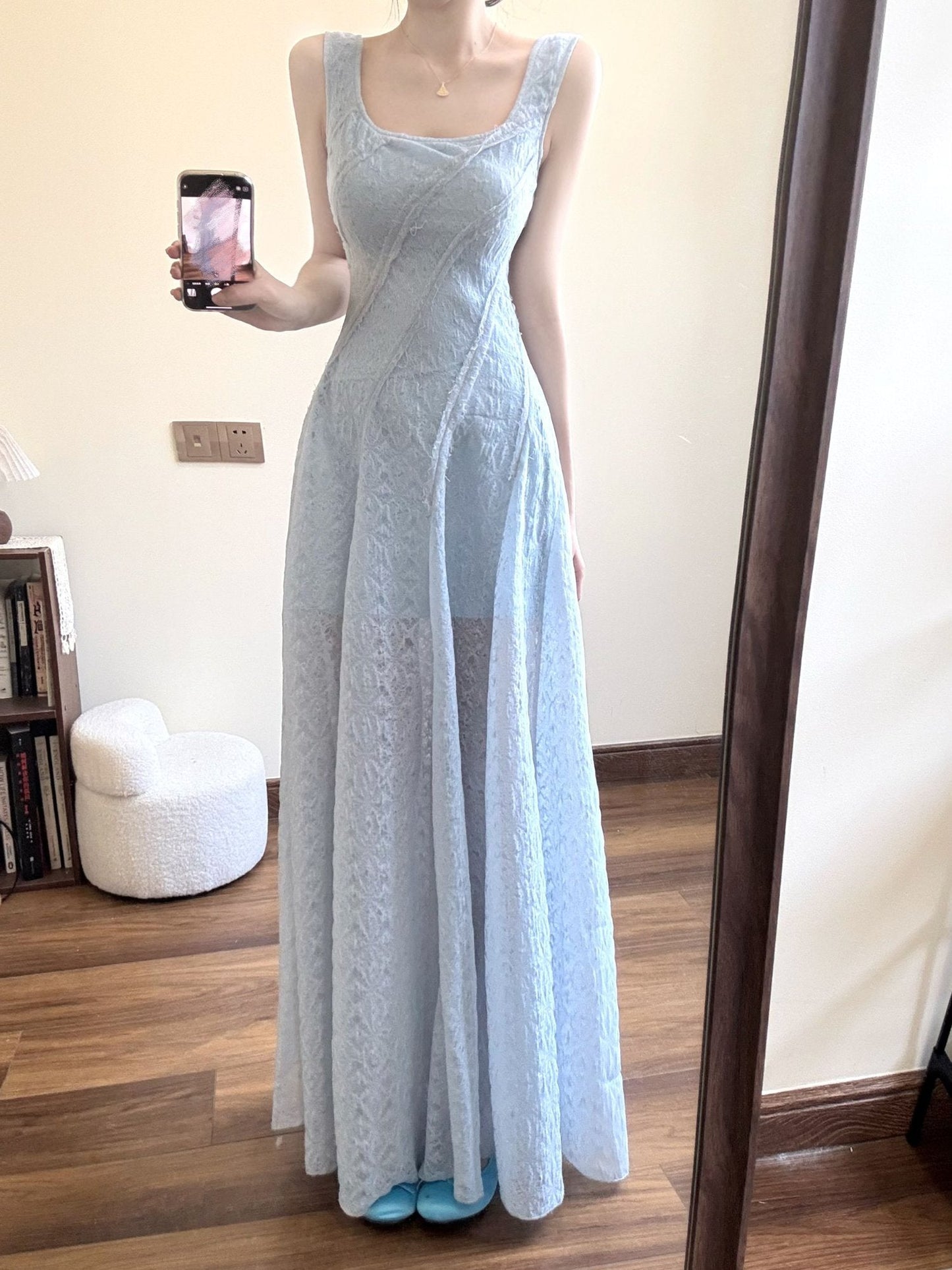 Blue hollow suspender dress temperament waist A-line long skirt R0568