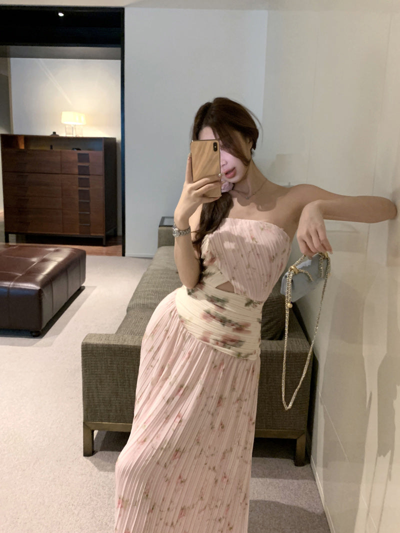 Gentle style pink floral hollow one-shoulder dress with waist A-line long skirt R0612