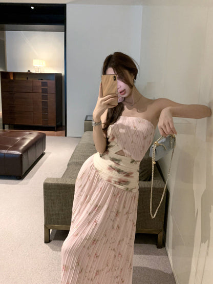 Gentle style pink floral hollow one-shoulder dress with waist A-line long skirt R0612