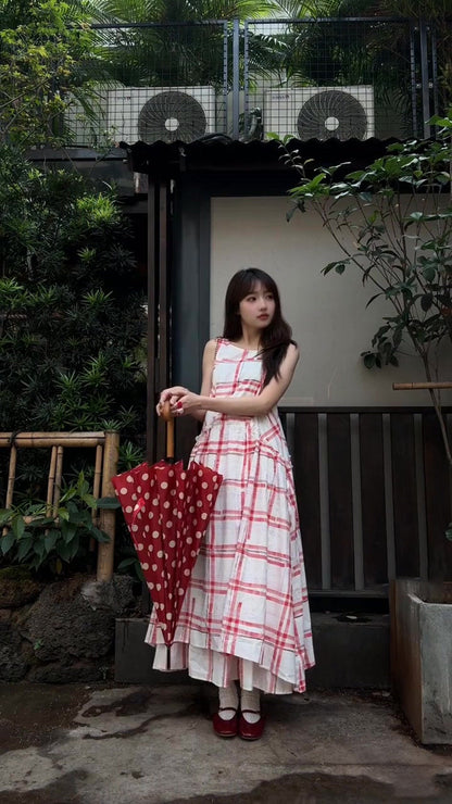 Pink plaid sleeveless dress beautiful age-reducing loose A-line vest dress R0585