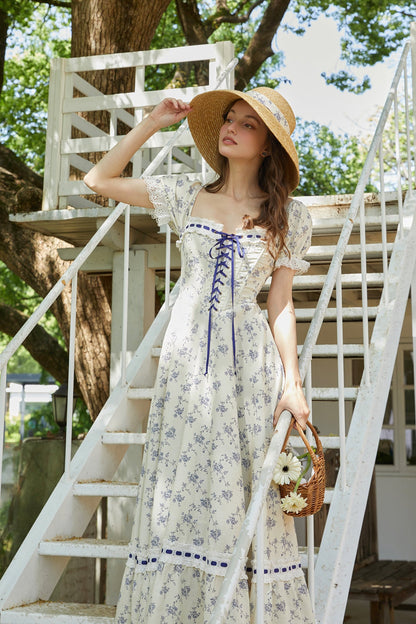 French design pastoral style printed slim fishbone corset dress R5105