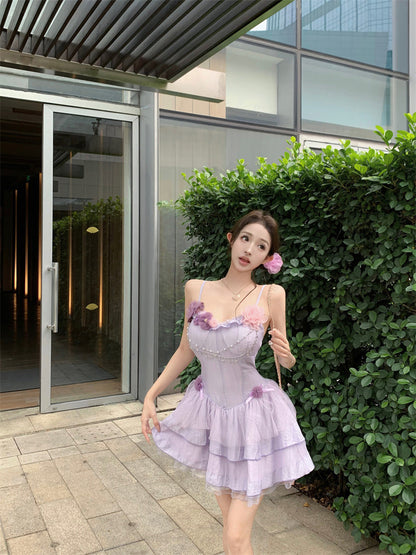 Purple suspender dress 2025 new style waist slim cake short skirt R0667