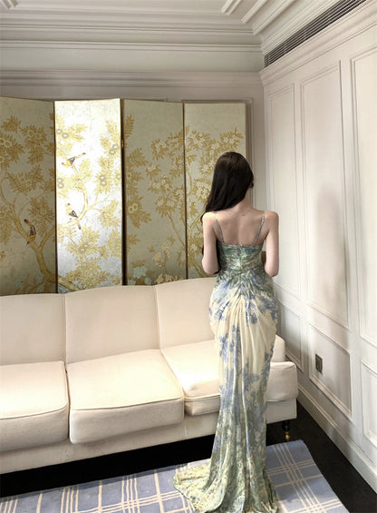 Green floral suspender dress, elegant waist slim beach dress R0670