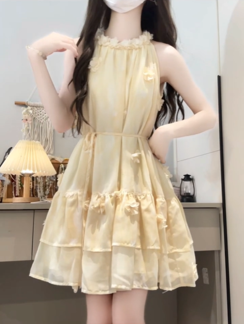 Gentle style flower sleeveless halter dress beautiful temperament waist A-line short skirt R0810